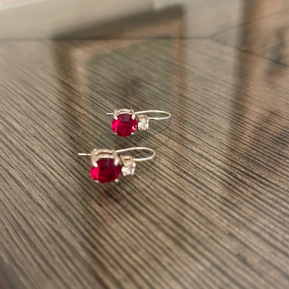 Vintage Sterling Silver Red Gem Hook Wire Earrings - Picture 4 of 12